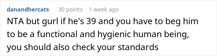 Comment discussing relationship standards and hygiene. Comment discussing relationship standards and hygiene.