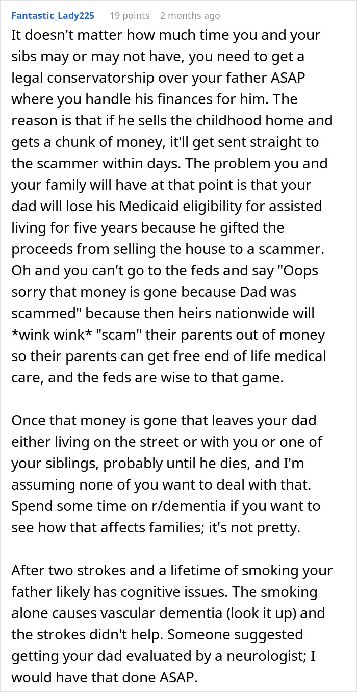 Text warning about an elderly dad falling for a deepfake scam, suggesting legal conservatorship to prevent financial harm. Text warning about an elderly dad falling for a deepfake scam, suggesting legal conservatorship to prevent financial harm.