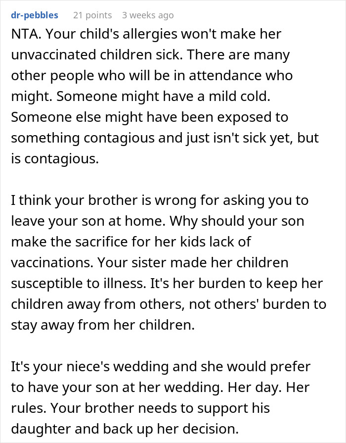 Mom Refuses To Accommodate Anti-Vax Sister’s Kids By Excluding Her Own “Sick” Son From Wedding Mom Refuses To Accommodate Anti-Vax Sister’s Kids By Excluding Her Own “Sick” Son From Wedding