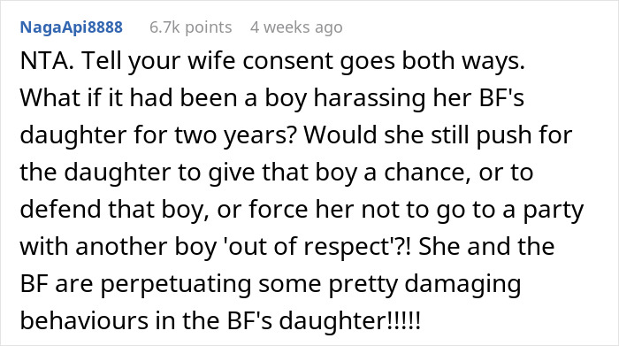 Reddit comment discussing consent, supporting a dad's decision about his son's lack of interest in a family friend's daughter. Reddit comment discussing consent, supporting a dad's decision about his son's lack of interest in a family friend's daughter.