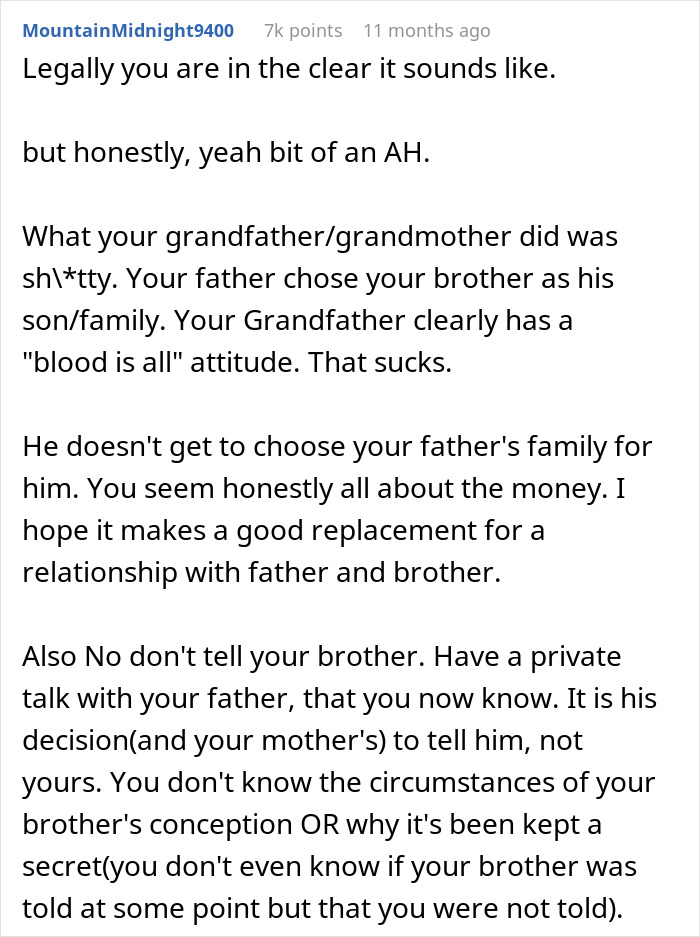 Reddit comment discussing inheritance family drama and secret revelations. Reddit comment discussing inheritance family drama and secret revelations.
