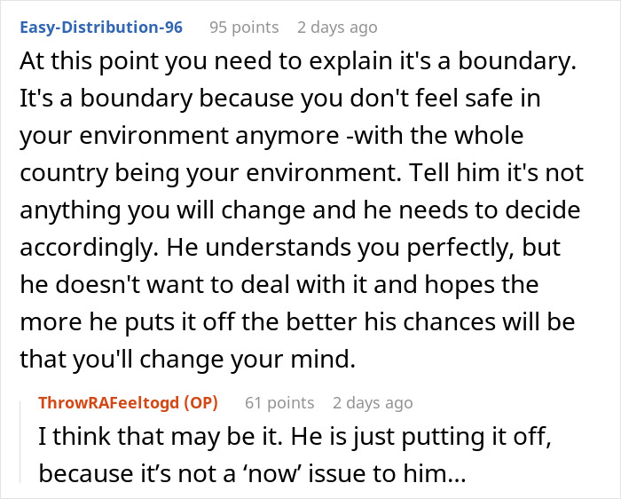 Reddit comment exchange discussing a husband's reluctance and boundaries about starting a family. Reddit comment exchange discussing a husband's reluctance and boundaries about starting a family.