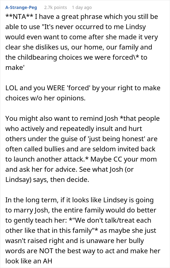 Text discussing uninviting a brother's girlfriend for her rudeness, citing honesty as the reason, leading to family drama. Text discussing uninviting a brother's girlfriend for her rudeness, citing honesty as the reason, leading to family drama.
