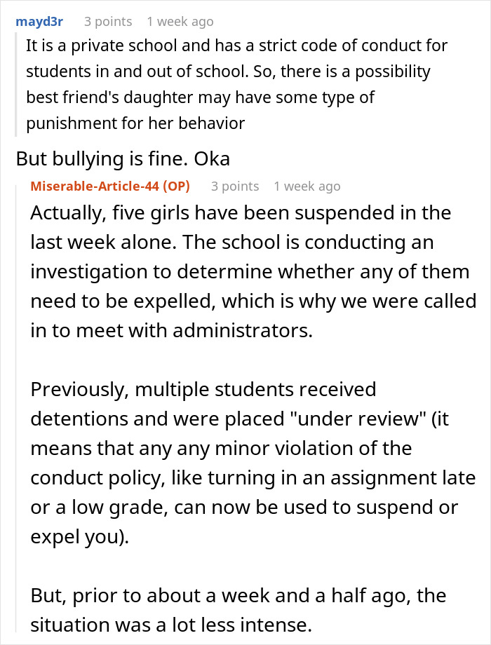Reddit comments discussing a school's strict conduct policies and suspensions related to bullying. Reddit comments discussing a school's strict conduct policies and suspensions related to bullying.