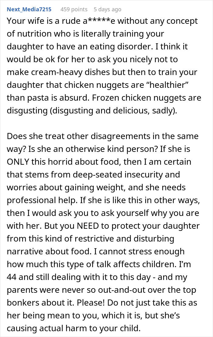 Reddit comment discussing issues with a wife’s food complaints leading to potential eating disorder concerns. Reddit comment discussing issues with a wife’s food complaints leading to potential eating disorder concerns.