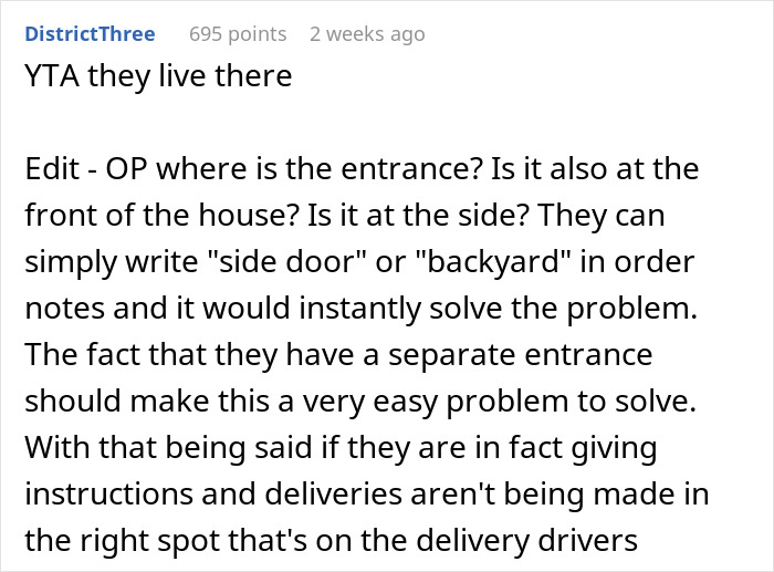 Reddit comment discussing shopaholic tenants and entrance issues in a basement apartment. Reddit comment discussing shopaholic tenants and entrance issues in a basement apartment.