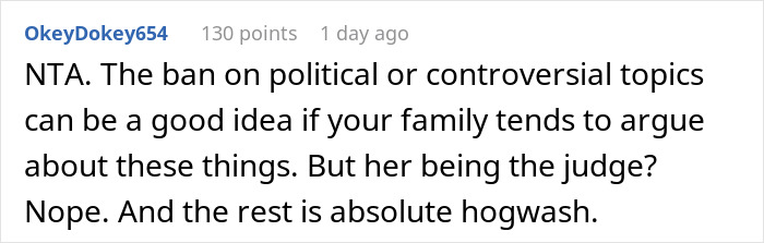 Text screenshot about a woman's reaction to Thanksgiving rules. Text screenshot about a woman's reaction to Thanksgiving rules.