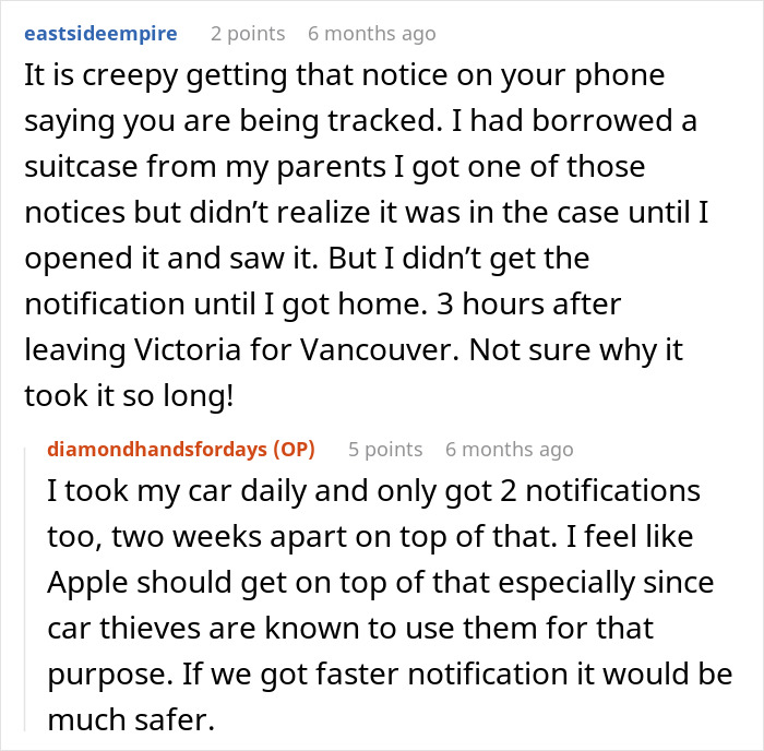 Comments discussing tracking notifications related to AirTag use and delays in receiving alerts. Comments discussing tracking notifications related to AirTag use and delays in receiving alerts.