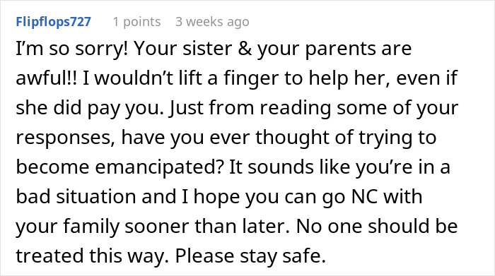Reddit comment discussing family issues, suggesting emancipation for a teen brother pressured over baby name and nanny duties. Reddit comment discussing family issues, suggesting emancipation for a teen brother pressured over baby name and nanny duties.