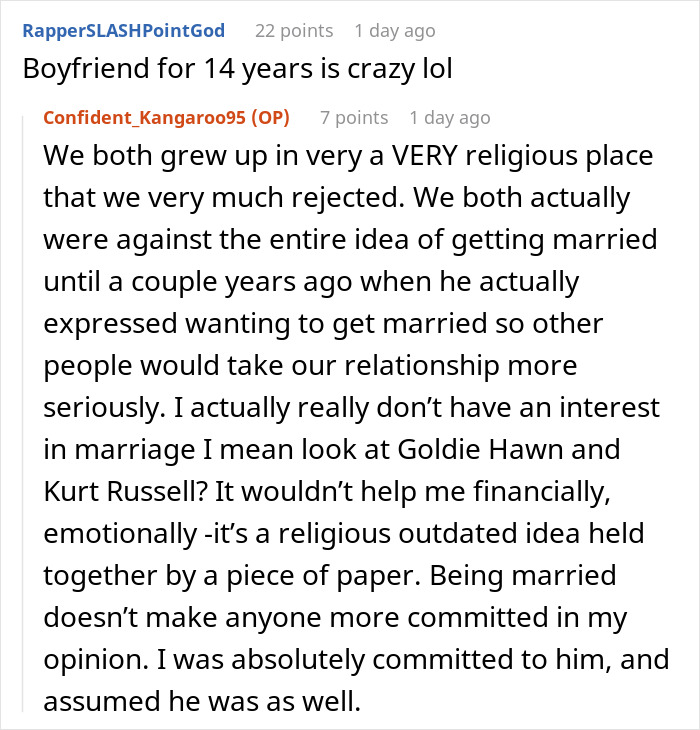 Reddit discussion about a woman's perspective on marriage after a long-term relationship. Reddit discussion about a woman's perspective on marriage after a long-term relationship.