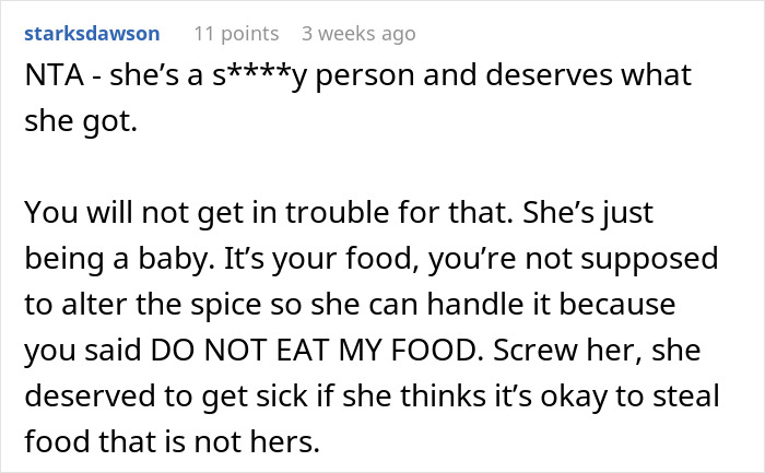 Forum comment discussing a food-thieving roommate getting trapped. Forum comment discussing a food-thieving roommate getting trapped.