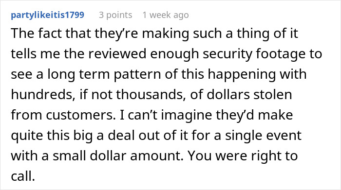 Text comment discussing cashier's long-term theft pattern from customers. Text comment discussing cashier's long-term theft pattern from customers.