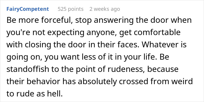 Text advice from online user, suggesting being forceful and standoffish to strangers acting rudely. Text advice from online user, suggesting being forceful and standoffish to strangers acting rudely.