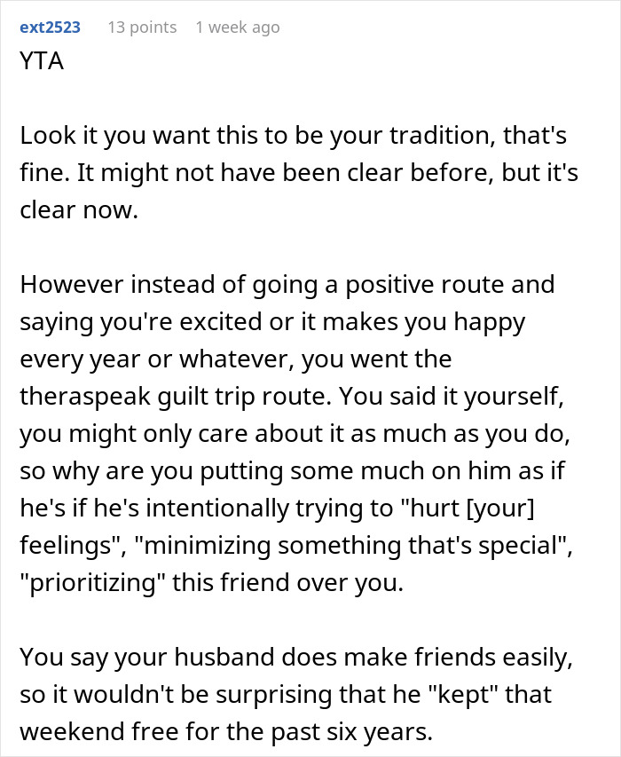 Text response discussing family tradition versus new friendship dynamics. Text response discussing family tradition versus new friendship dynamics.