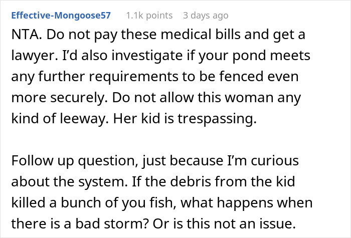 Text from an online discussion about a lawsuit regarding a kid falling into a neighbor's private pond. Text from an online discussion about a lawsuit regarding a kid falling into a neighbor's private pond.