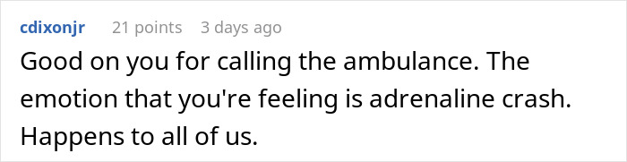 Comment discussing the aftermath of calling an ambulance for a bleeding employee. Comment discussing the aftermath of calling an ambulance for a bleeding employee.