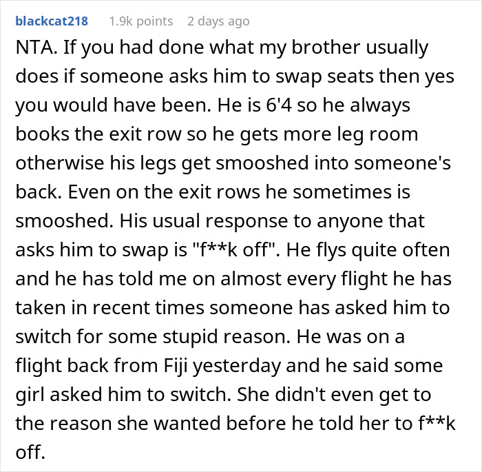 Reddit comment discussing a man refusing to switch plane seats. Reddit comment discussing a man refusing to switch plane seats.