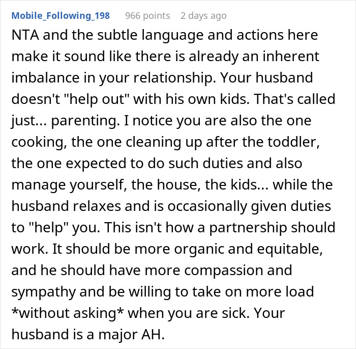 Text comment discussing relationship imbalance and parenting responsibility. Text comment discussing relationship imbalance and parenting responsibility.