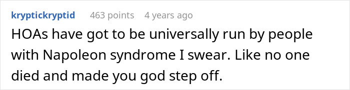 Text comment criticizing HOAs, expressing frustration with their management style. Text comment criticizing HOAs, expressing frustration with their management style.