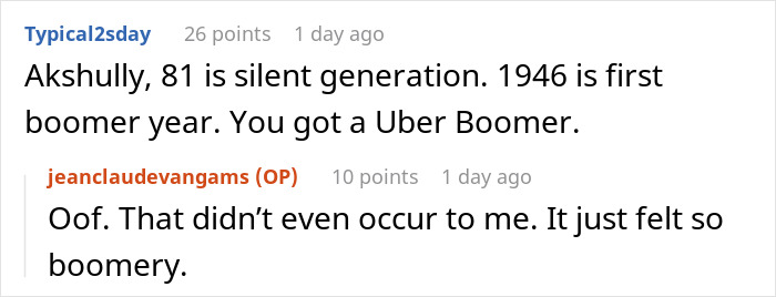 Screenshot of a Reddit exchange about generational labels, highlighting differences between silent generation and baby boomers. Screenshot of a Reddit exchange about generational labels, highlighting differences between silent generation and baby boomers.