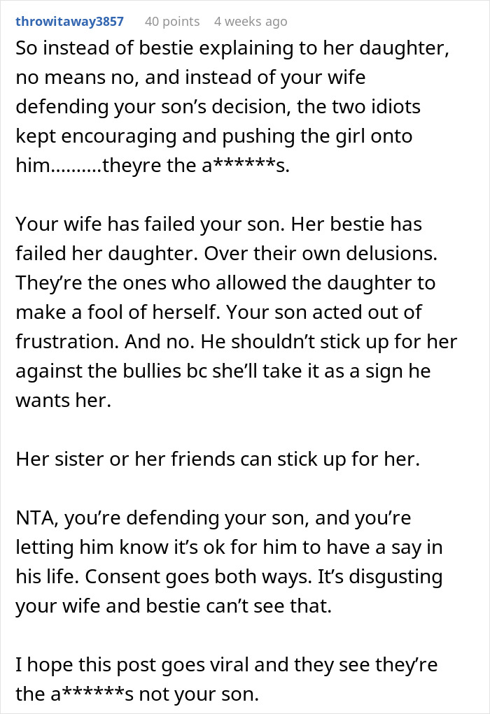 Dad defends son not interested in family friend's daughter; online comment supports his decision, sparking drama. Dad defends son not interested in family friend's daughter; online comment supports his decision, sparking drama.