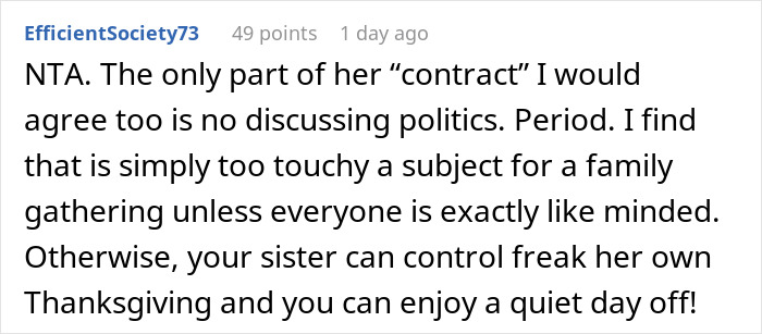 Comment discussing Thanksgiving rules and politics agreement. Comment discussing Thanksgiving rules and politics agreement.