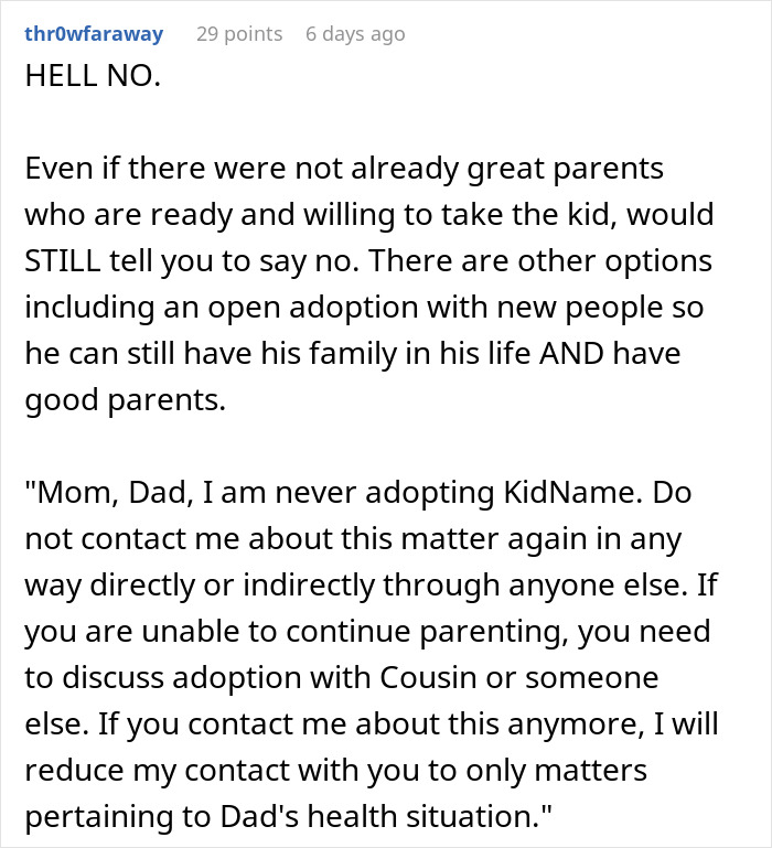 Woman Rejects Dying Parents’ Plea To Adopt Nephew: “Huge Relief That I Don't Have Kids” Woman Rejects Dying Parents’ Plea To Adopt Nephew: “Huge Relief That I Don't Have Kids”