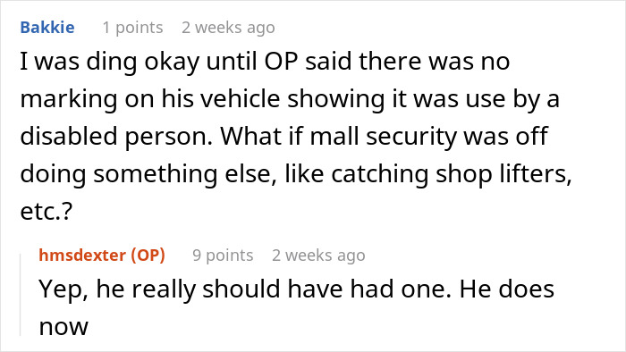 Comment discussing police parking in handicapped spaces, questioning absence of disabled parking permit, and security concerns. Comment discussing police parking in handicapped spaces, questioning absence of disabled parking permit, and security concerns.