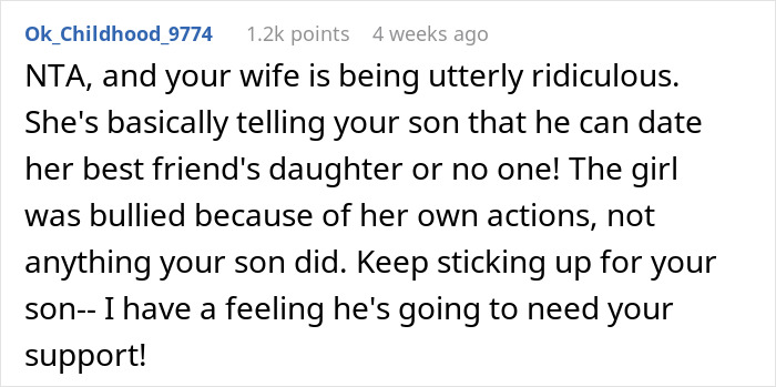 Reddit comment discussing dad's support for son amid family drama over a friend's daughter. Reddit comment discussing dad's support for son amid family drama over a friend's daughter.