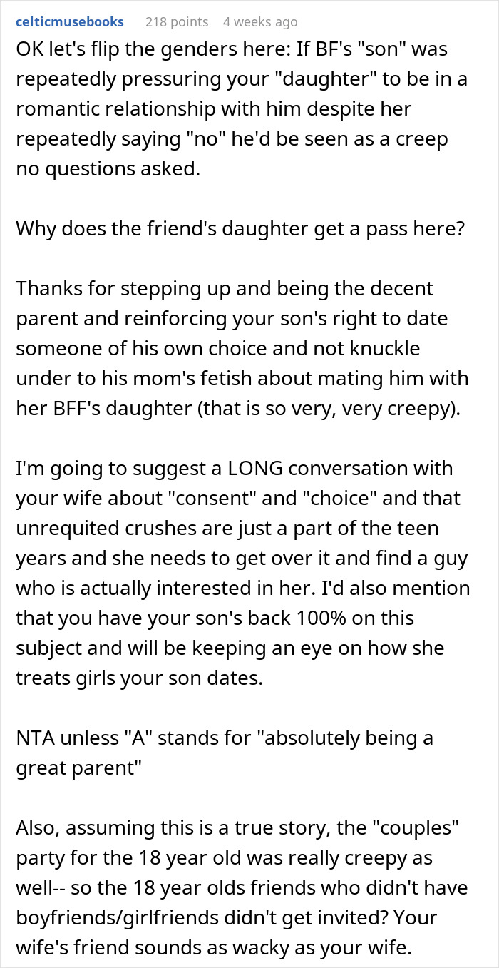 Comment discussing dad supporting son's choice, questioning pressure from family friend's daughter. Comment discussing dad supporting son's choice, questioning pressure from family friend's daughter.