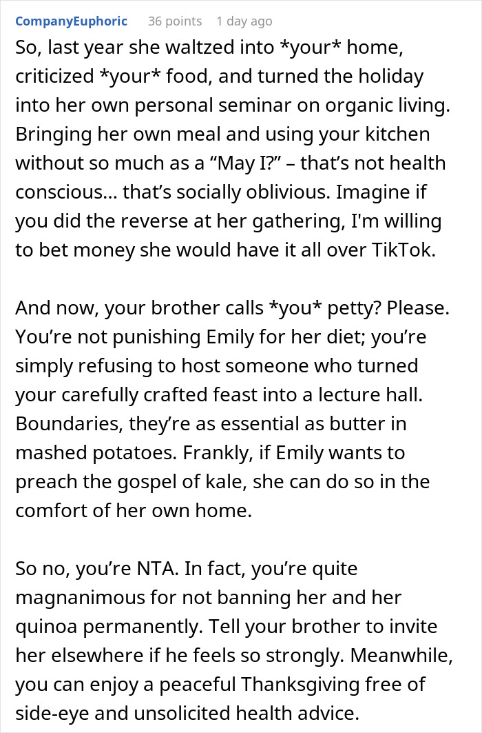 Reddit comment discussing why a woman refuses to invite her brother's girlfriend to Thanksgiving. Reddit comment discussing why a woman refuses to invite her brother's girlfriend to Thanksgiving.