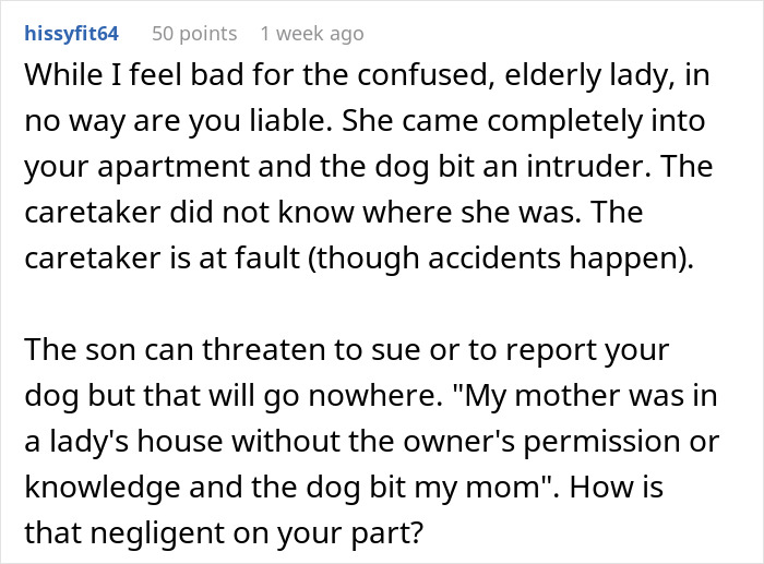 Comment discussing liability after a dog bites an intruder, mentioning an elderly woman's confusion. Comment discussing liability after a dog bites an intruder, mentioning an elderly woman's confusion.