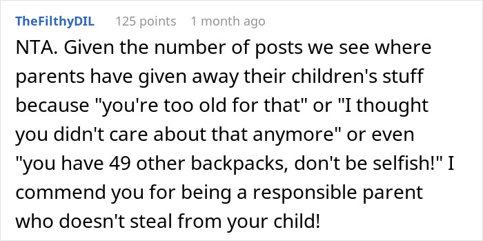 Reddit comment discussing parenting decisions and not giving away a rare backpack. Reddit comment discussing parenting decisions and not giving away a rare backpack.