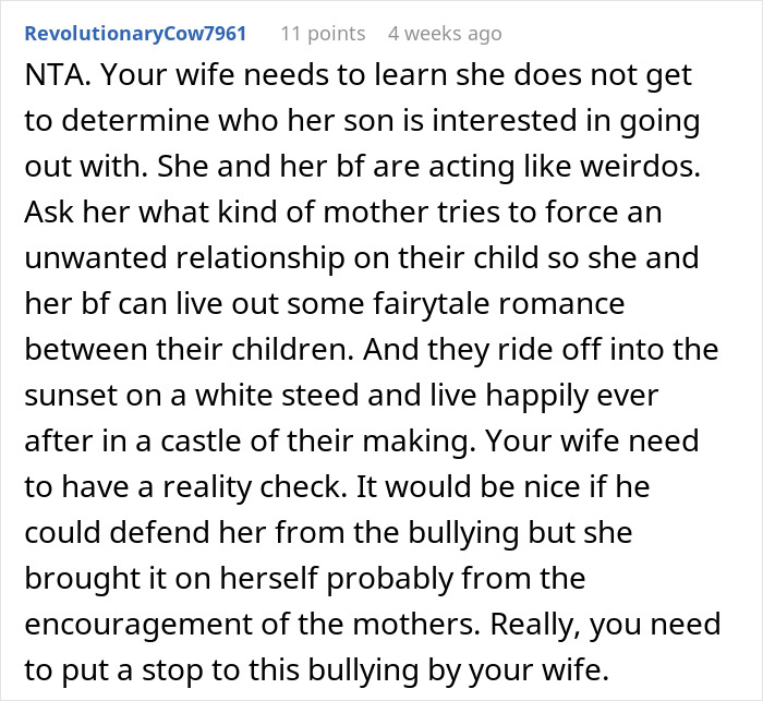 Text exchange discussing dad's support for son not interested in family friend's daughter. Text exchange discussing dad's support for son not interested in family friend's daughter.