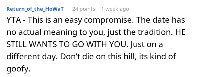Reddit comment discussing compromise on family tradition and friendship priorities. Reddit comment discussing compromise on family tradition and friendship priorities.