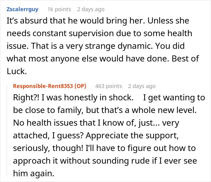 Comments discussing a woman running away from a date due to an unexpected guest, highlighting surprise and support. Comments discussing a woman running away from a date due to an unexpected guest, highlighting surprise and support.