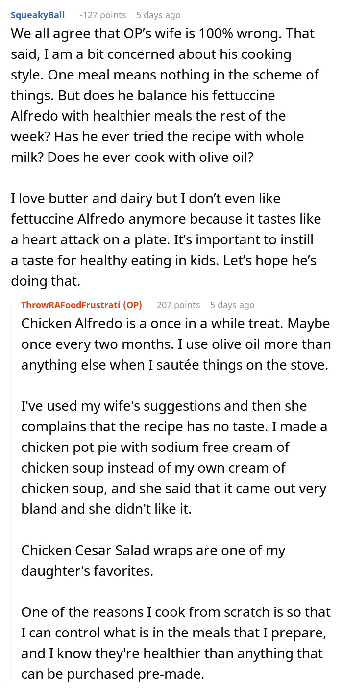 Reddit comments discussing frustration over wife’s food complaints, focusing on cooking styles and meal criticisms. Reddit comments discussing frustration over wife’s food complaints, focusing on cooking styles and meal criticisms.