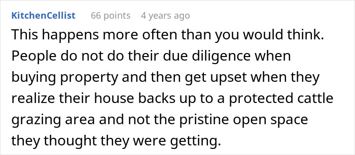 Comment about property buyers and protected cattle grazing areas related to farmers and HOA disputes. Comment about property buyers and protected cattle grazing areas related to farmers and HOA disputes.