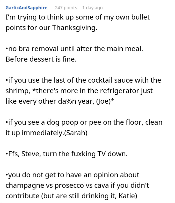 Thanksgiving rules list with humorous family notes, featuring mentions of shrimp, TV volume, and champagne opinions. Thanksgiving rules list with humorous family notes, featuring mentions of shrimp, TV volume, and champagne opinions.