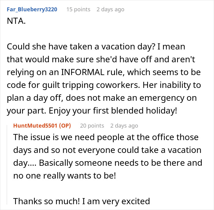 Mom Wants Coworker To Cover Her On Holiday Because She Doesn’t Have Kids, Gets A Reality Check Mom Wants Coworker To Cover Her On Holiday Because She Doesn’t Have Kids, Gets A Reality Check