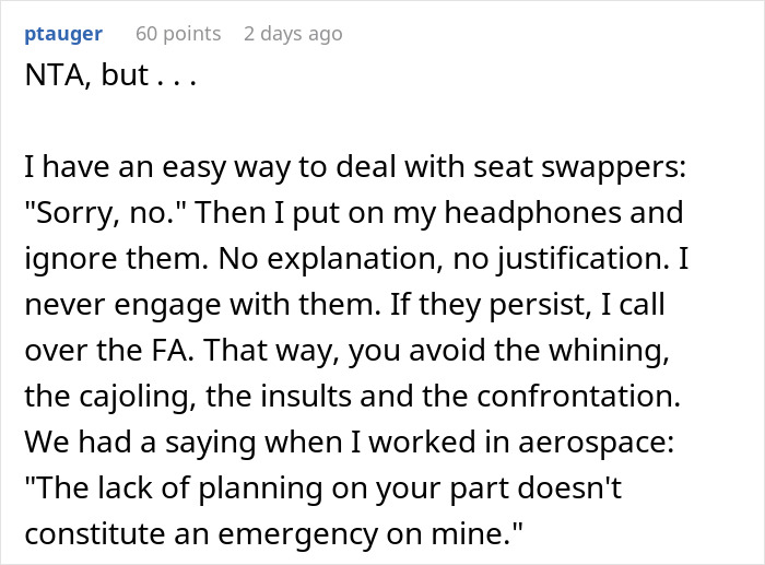 Discussion on techniques to handle dramatic seat-swapping attempts on a plane. Discussion on techniques to handle dramatic seat-swapping attempts on a plane.