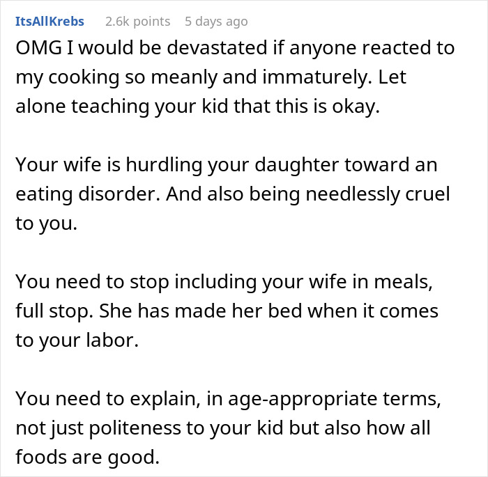 Reddit comment discussing a wife's harsh food criticisms and its impact on family dynamics. Reddit comment discussing a wife's harsh food criticisms and its impact on family dynamics.