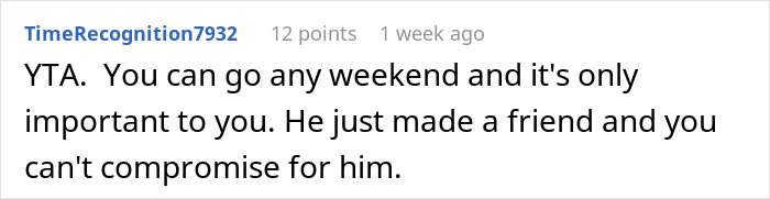 Comment discussing family tradition versus new friendship priority. Comment discussing family tradition versus new friendship priority.
