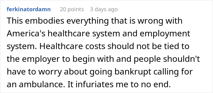 Reddit comment criticizing the U.S. healthcare and employment system related to ambulance costs and employer responsibilities. Reddit comment criticizing the U.S. healthcare and employment system related to ambulance costs and employer responsibilities.