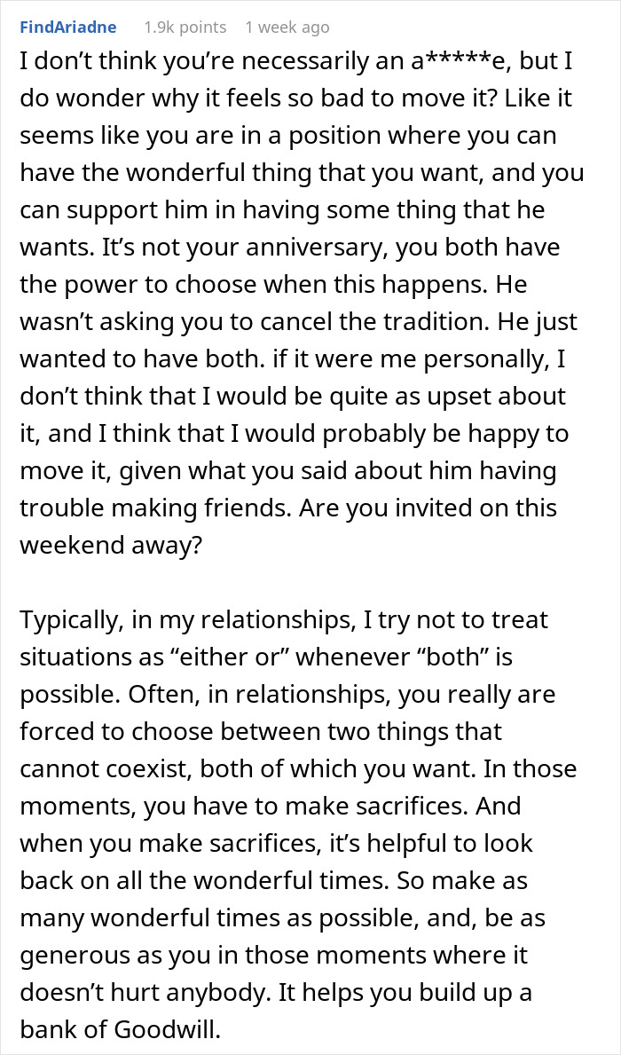 Text response discussing family tradition vs. new friendship priorities. Text response discussing family tradition vs. new friendship priorities.