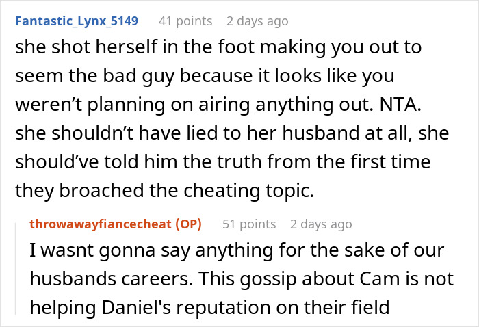 Reddit discussion about a woman exposing infidelity and its impact on reputations. Reddit discussion about a woman exposing infidelity and its impact on reputations.