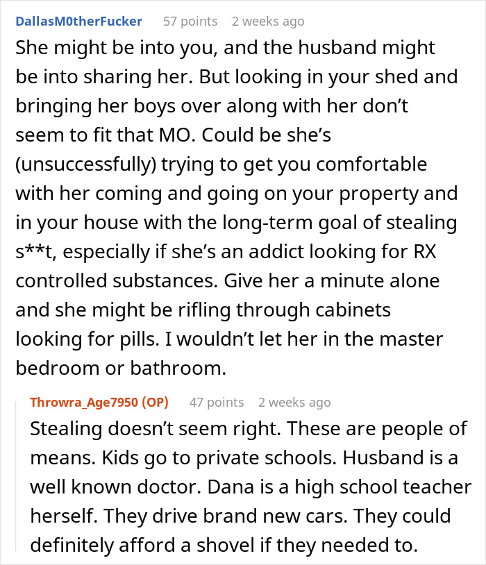 Two users discussing suspicion of HOA president's intentions with new resident in online comments. Two users discussing suspicion of HOA president's intentions with new resident in online comments.