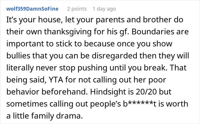 Comment advises setting boundaries with brother's rude girlfriend to prevent family drama. Comment advises setting boundaries with brother's rude girlfriend to prevent family drama.