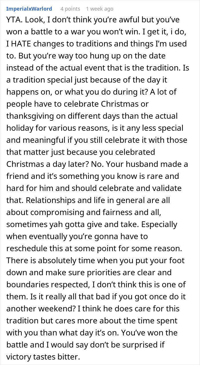 Screenshot of a Reddit comment discussing family tradition and friendship priorities. Screenshot of a Reddit comment discussing family tradition and friendship priorities.