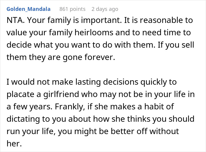 Reddit comment about the importance of keeping family heirlooms and advising against pressure to sell them. Reddit comment about the importance of keeping family heirlooms and advising against pressure to sell them.